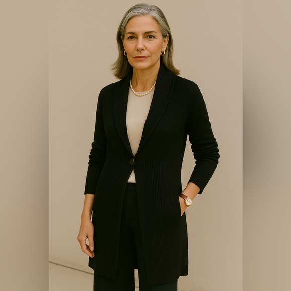 Sweaters - Black Long Cardigan with Button Detail 3/4 sleeves